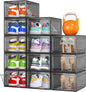 12 Pack Clear Shoe Storage Organizer with Magnetic Door, Stackable Plastic Shoe Boxes for Sneakers, Boots, and Heels, Space-Saving Foldable Shoe Rack for Closet, Durable Shoe Cabinet Organizer, Black