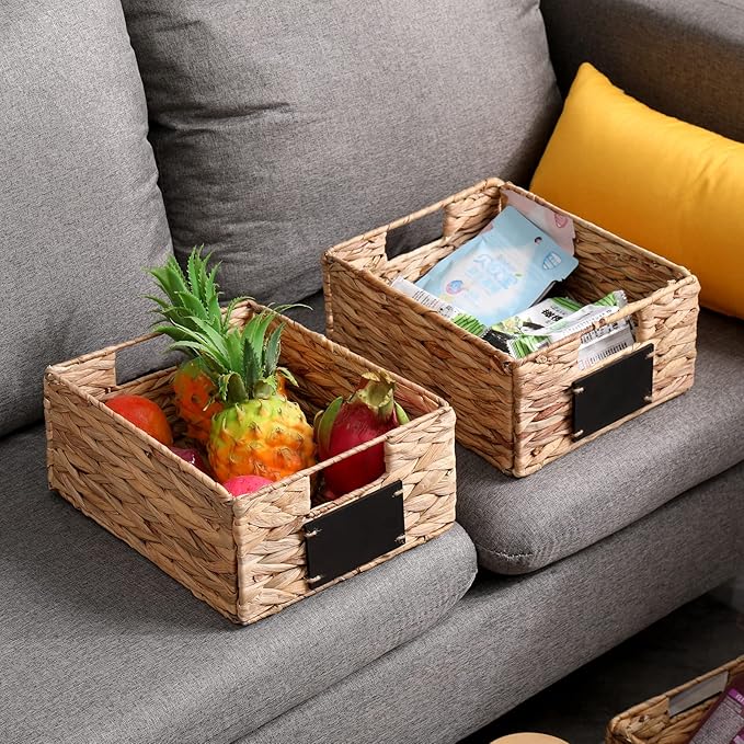 Water Hyacinth Storage Baskets Set of 4 - Foldable Seagrass Organizers with Chalk Labels,10.8x9x4.9 Inch,Rectangular Woven Pantry Bin for Shelves