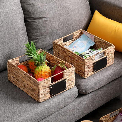 Water Hyacinth Storage Baskets Set of 4 - Foldable Seagrass Organizers with Chalk Labels,10.8x9x4.9 Inch,Rectangular Woven Pantry Bin for Shelves