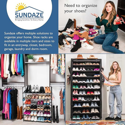 Sundaze Shoe Rack with Cover - 10 Tier Shoe Rack for Front Door Entrance, Sturdy Tall Shoe Organizer for Bedroom, Closet, Garage, Non Woven Fabric Shelf, Black, Holds Up to 50 Pairs