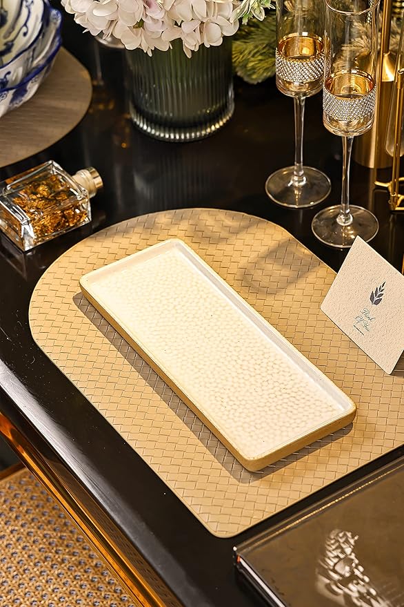 Vanity Tray with Brown Trim - Rectangular White Candle & Perfume Holder Organizer - 12"4.7" for Dresser, Table, Bathroom Countertop