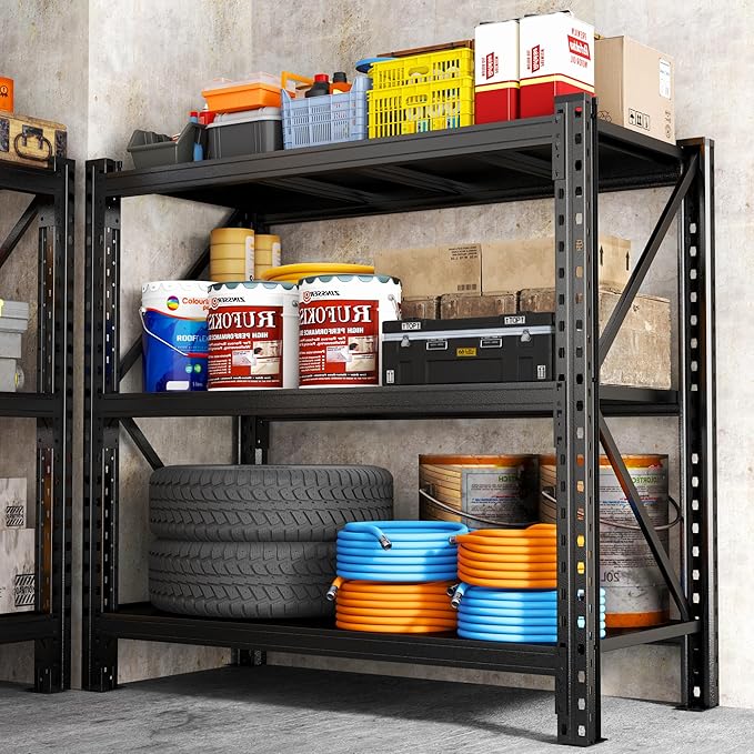 Heavy Duty Metal Garage Shelving Unit, 3-Tier Adjustable Storage Shelves, 3000LBS for Garage & Basement, Kitchen and Pantry Industrial Steel Rack, Ideal for Tool Organization & Storage, Black, 51"W