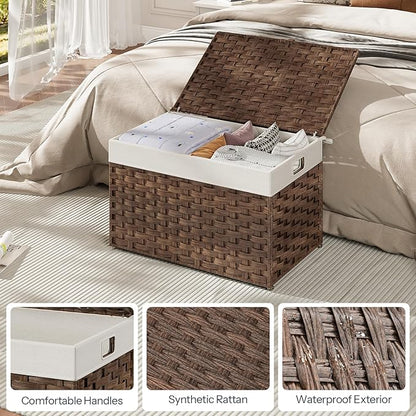HOOBRO Storage Basket with Lid, 17.2 Gallon (65L) Wicker Basket, Handwoven Blanket Storage Basket with Handles, Metal Frame and Soft Lining, Foldable for Bedroom, Laundry Room, Brown BR265CW01