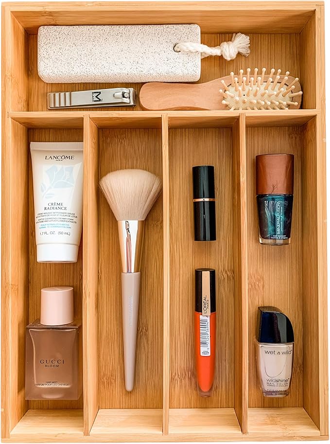 Drawer Organizer -100% Organic Bamboo- Premium Cutlery and Utensil Tray Perfect For The Kitchen, Bathroom, Desk- Kitchen Drawer Divider with 5 Compartments