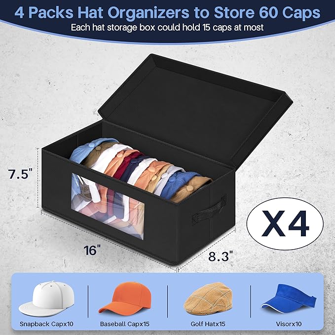 SLEEPING LAMB Stackable Hat Organzier for Baseball Caps, 4 PCS Hat Storage Boxes for Closet Hold 60 Caps with Cardboard, Black