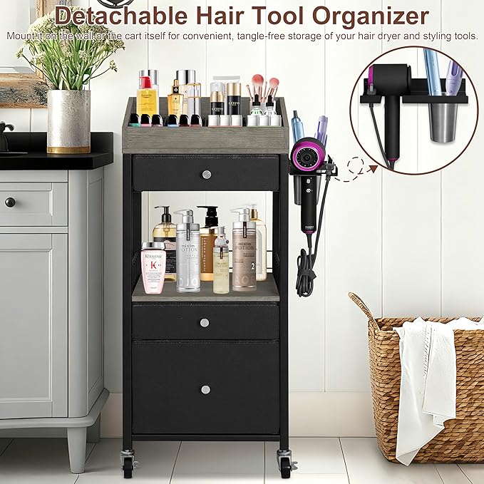Makeup Organizer Cart with 3 Drawers, Rolling Cosmetic Storage Cart with Adjustable Dividers, Detachable Hair Tool Holder & Lockable Wheels, Vanity Organizer for Small Spaces, Black & Grey