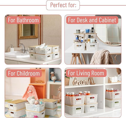 BAMBOO LAND- Plastic Storage Baskets with Bamboo Lid, 6 pcs, Cream White Small Pantry Storage Baskets with Lids