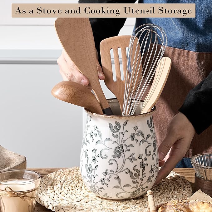 Utensil Holder for Kitchen Counter, Modern Farmhouse Cooking Utensil Holder and Crock Home Kitchen Decor, Ceramic Utensil Organizer for Spatula, Ladle, Eggbeater, Rolling Pin- Gray Flower Patterns