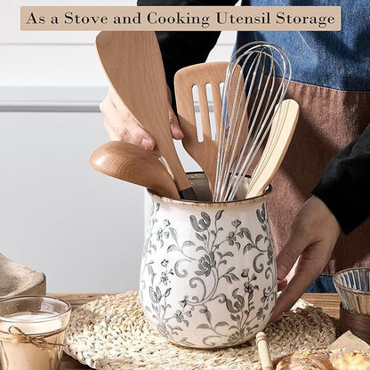 Utensil Holder for Kitchen Counter, Modern Farmhouse Cooking Utensil Holder and Crock Home Kitchen Decor, Ceramic Utensil Organizer for Spatula, Ladle, Eggbeater, Rolling Pin- Gray Flower Patterns