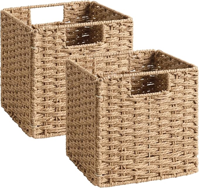 StorageWorks 9 inch Wicker Storage Cubes, Handwoven Wicker Baskets for Storage, Square Cube Organizer Bins, Foldable Paper Rope Basket for Organizing, Natural, 2 Pack