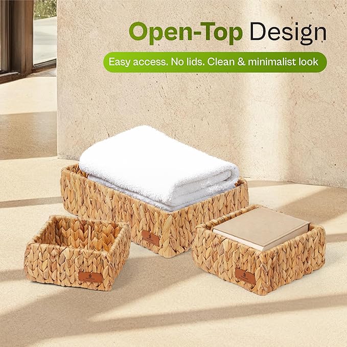 Water Hyacinth Storage Baskets Set of 3, Woven Shelf Baskets, Rectangular Open Top Wicker Pantry & Closet Organizer Bins for Bathroom, Countertop & Home Organization