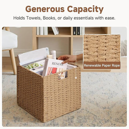 StorageWorks 13 inch Wicker Storage Baskets, Foldable Handwoven Wicker Basket for Organizing, Natural Paper Rope Square Storage Cubes, 2 Pack