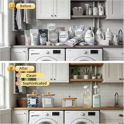 3+2 Pack Laundry Pods Containers & Dryer Sheet Holder & Laundry Detergent Dispenser, Laundry Room Organization and Storage Jars with Lids, Labels and Scoops for Scent Booster, Powder, Pods