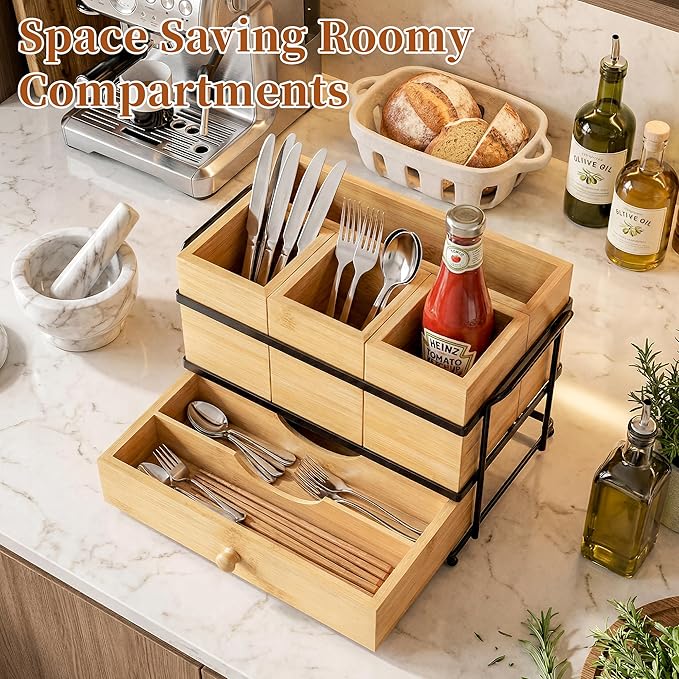 Silverware Caddy with Drawer and 4 Removable Compartments for Spoons, Forks, Plates Napkins, Flatware Organizer with Drain Holes, Bamboo Utensil Holder for Kitchen Counter, Party