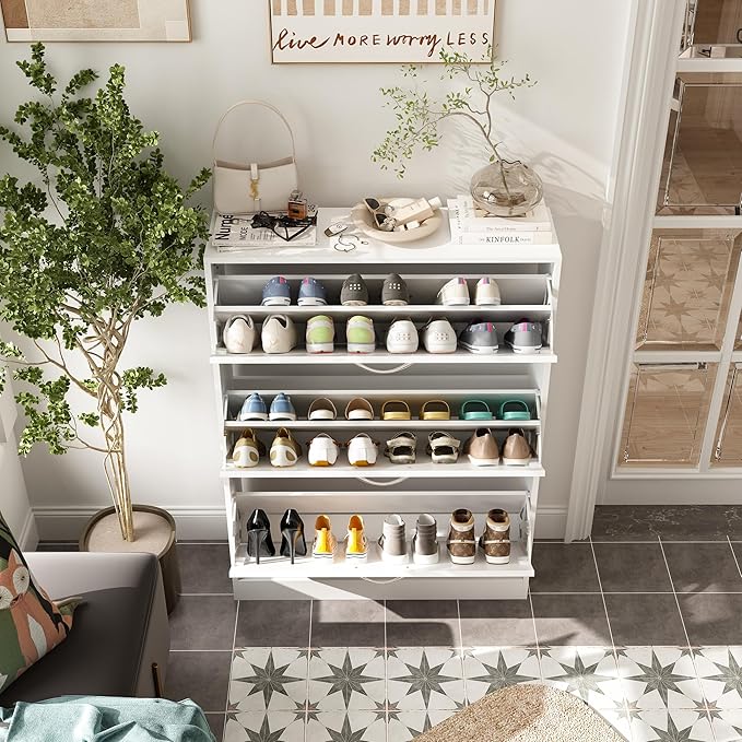 AGOTENI Shoe Cabinet with 3 Flip Drawers, Shoe Storage Organizer with 2-Tier Shelf, Freestanding Shoe Rack for Entryway Hallway, Living Room, White