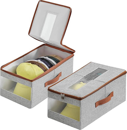 Stackable Hat Organizer for Baseball Caps, Hat Storage Holder Container for Closet Hold Up to 12 Caps with Clear Window, Hat Boxes for Home Storage (Grey, 2 Packs)