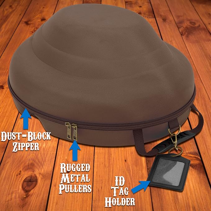 CASEMATIX Cowboy Hat Box - Portable Hat Storage for Brims Up To 4.75" - Hard Shell Case with Carry Strap, ID Slot and Foam Insert for Dipping Brims, Brown