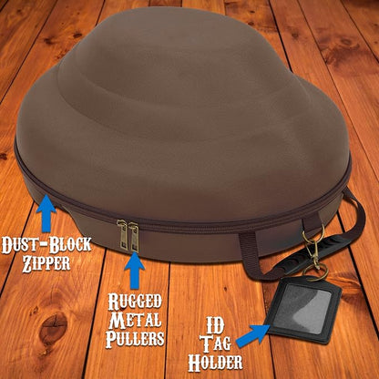 CASEMATIX Cowboy Hat Box - Portable Hat Storage for Brims Up To 4.75" - Hard Shell Case with Carry Strap, ID Slot and Foam Insert for Dipping Brims, Brown