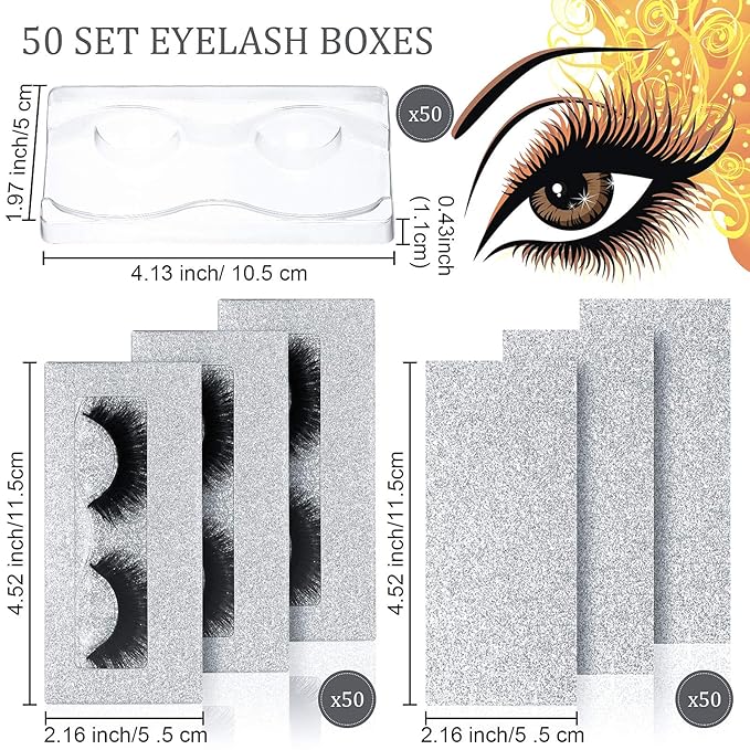 Maitys 50 Sets Empty Lash Case Set, Include Empty Eyelash Box Packaging Storage Box, Eyelash Boxes Tray False Storage, Internal Background Paper(Silver)