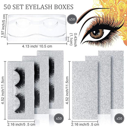 Maitys 50 Sets Empty Lash Case Set, Include Empty Eyelash Box Packaging Storage Box, Eyelash Boxes Tray False Storage, Internal Background Paper(Silver)