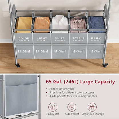 Tajsoon Laundry Hamper with Hanging Rack, 5 Section Laundry Sorter, Rolling Laundry Sorter Cart with Wheels and Hanging bar, Removable Basket Organizer for Bedroom, Bathroom, Grey