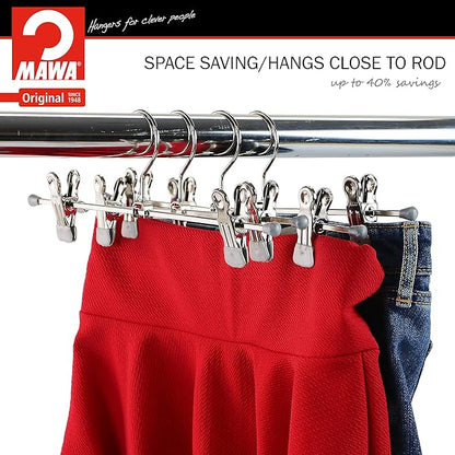 Mawa by Reston Lloyd Non-Slip Space-Saving Clothes Hanger For Pants & Skirts with Two Non-Slip Clips, Style K/30D, 12-Inch, Set of 10, Silver
