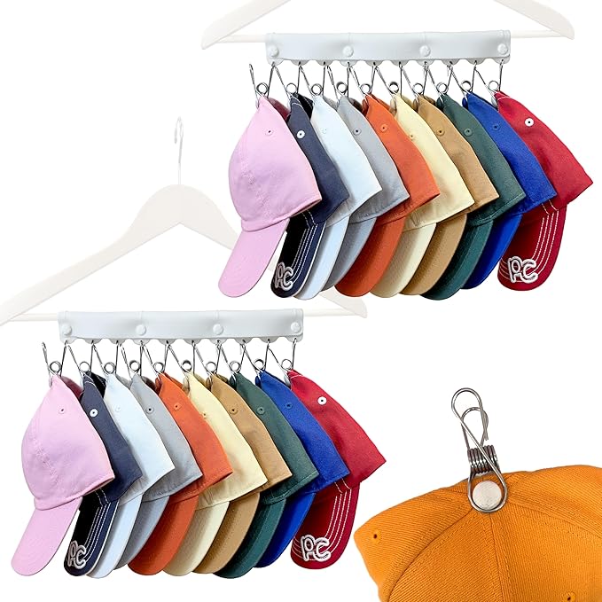 Perfect Curve Baseball Cap Hanger Hat Rack - Store 20 Caps with Clips, Silicone & Metal, White, 2-Pack