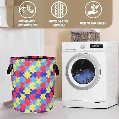 Autism Awareness Laundry Basket Colorful Puzzle Foldable Oxford Cloth Funny Tote Bag Laundry Hamper Clothes Storage Bucket Organizer For Bathroom/Laundry Storage/Bedroom 17.7x13.7 Inch