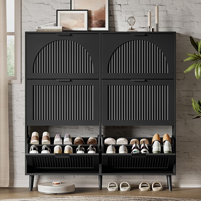 Xixini Shoe Storage Cabinet with 6 Flip Drawers, 50" Tall Narrow Wood Fluted Shoe Organizer for Entryway, Freestanding Wooden Hidden Slim Shoe Rack for Front Door Entrance, Hallway, Foyer, Solid Black