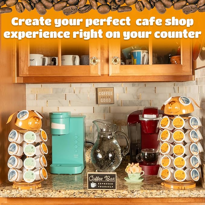 Made Easy Kit Carousel Coffee Pod Holder, Compatible with Keurig K-Pods K-Cups, Countertop Rack Storage Organizer, Metal Home and Kitchen Decor, Capsule Café Station Bar (Small, Brown Dog)