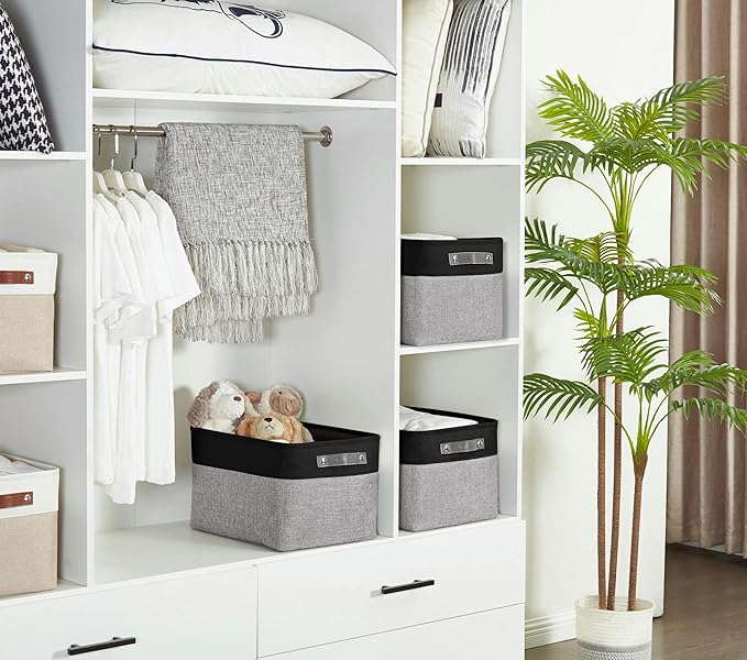 DECOMOMO Storage Bins, Large Fabric Storage Baskets for Shelves, Decorative Linen Closet Organizer, 15 x 11 x 9.5 inches (Grey & Black, 4 Pack)