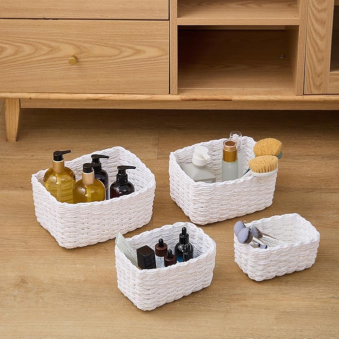 4PCS Woven Storage Baskets Set, Small Baskets for Organizing, Square Handwoven Paper Rope Organizer Bins for Shelves and Home Storage (White)