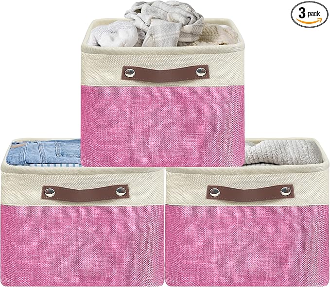 Simple Houseware 15" x 11" Large Fabric Storage Bin for Closet and Shelves, Leather Like Handles, 3 Pack, Pink