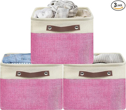 Simple Houseware 15" x 11" Large Fabric Storage Bin for Closet and Shelves, Leather Like Handles, 3 Pack, Pink