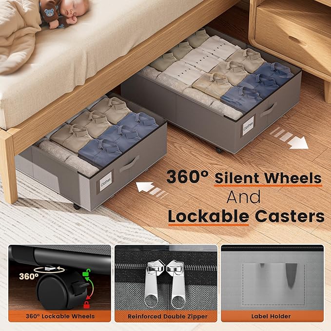 XXXL 100L Under Bed Storage with Wheels, Rolling Storage Containers with Support & Clear Lid, Heavy-Duty Metal Frame, Easy Pull-out, Underbed Storage Bins for Clothes, Shoes, Blankets, and Toys 2 pack