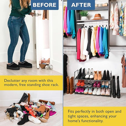 Sundaze Shoe Rack - 3 Tier Shoe Rack for Front Door Entrance, Sturdy Long Shoe Organizer for Closet, Bedroom, Entryway, Garage, Non Woven Fabric Shelf, Black, Holds Up to 15 Pairs