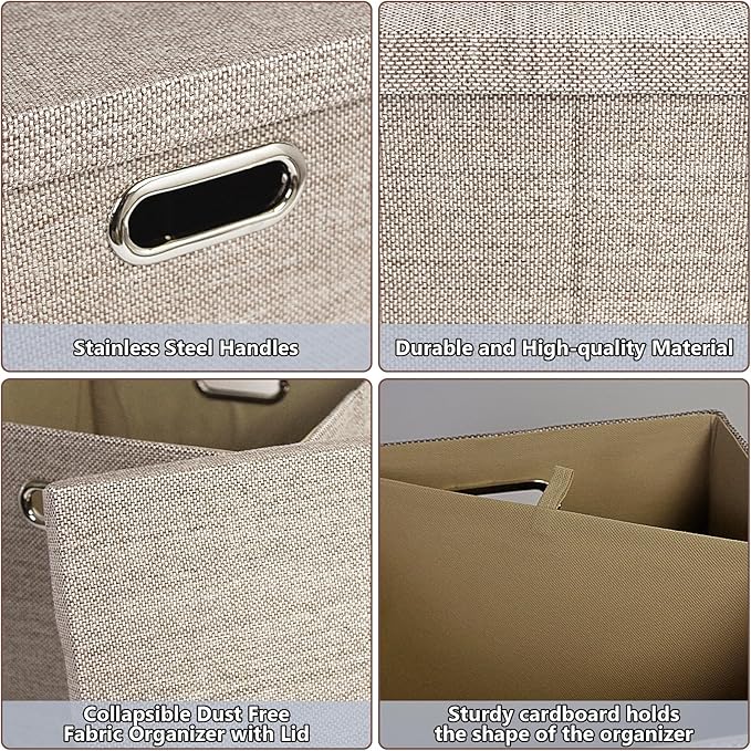 Storage Bins with Lids,13 x 13 Inch Foldable Fabric Cube Baskets Boxes Organizer for Closet, Shelves, and Home. (Khaki, (13x13) 3 pack)