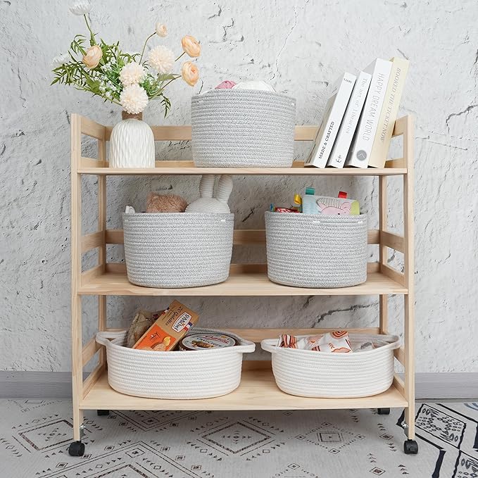 XUANGUO Woven Cotton Storage Baskets - 3-Pack Round Bins (10x10x7'') for Shelves, Closets & Bookcases | Durable Rope Organizers for Nursery, Baby, Toys, Easter & More (grey)