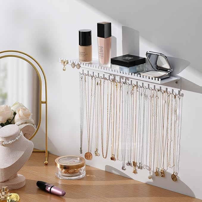 Necklace Holder Wall Hanging Organizer: Wall Mounted Jewelry Shelf with 56 Hooks and Tray, Display Hanger for Kids, Girls and Women, White & Metal