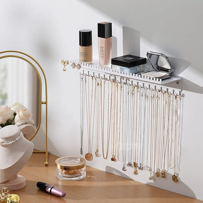 Necklace Holder Wall Hanging Organizer: Wall Mounted Jewelry Shelf with 56 Hooks and Tray, Display Hanger for Kids, Girls and Women, White & Metal