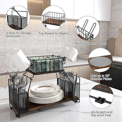 TQVAI Buffet Caddy, 2 Tier Countertop Paper Plate Organizer with Silverware Holder Mugs Hook Napkin Basket, Serving for Catering Supplies Buffet Display Hosting Thanksgiving Essentials, Black/Antique