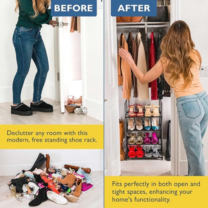 Sundaze Shoe Rack - 4 Tier Shoe Rack for Closet, Sturdy Stackable Shoe Organizer for Closet, Bedroom, Entryway, Garage, Non Woven Fabric Shelf, Black, Holds 8-12 Pairs