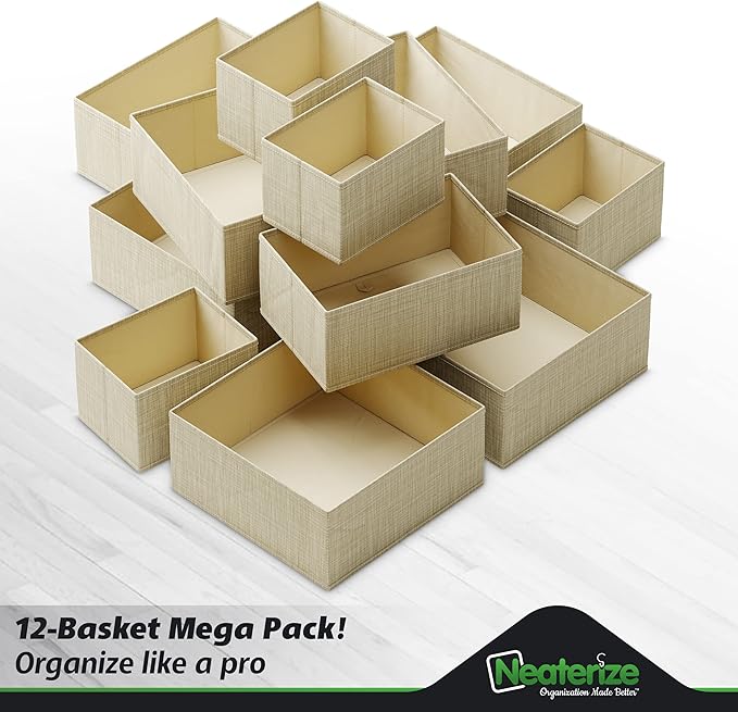 Drawer Organizer Clothes Set of 12 Beige - Dresser Organizer For Nursery, Bedroom, Closet - The Perfect Baby Clothes Organizers and Storage & General Nursery Organization or Dresser Drawer Organizers