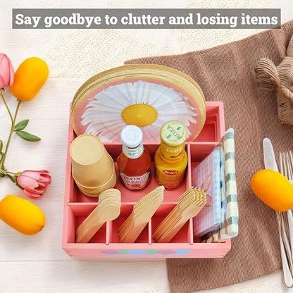 Utensil Holder for Party Farmhouse Crate Look - Pink Napkin Paper Plate Dispenser for Countertop - Silverware Caddy for Plate, Cup, Fork, Spoon - Flatware Box Organizer for Outdoor Camping Picnic