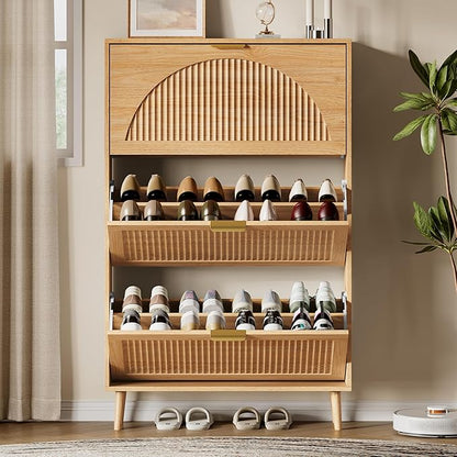 Xixini Shoe Storage Cabinet with 3 Flip Drawers, 50" Tall Narrow Wood Fluted Shoe Organizer for Entryway, Freestanding Wooden Hidden Slim Shoe Rack for Front Door Entrance, Hallway, Foyer, Natural Oak