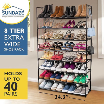 Sundaze Shoe Rack - 8 Tier Shoe Rack for Front Door Entrance, Sturdy Tall Shoe Organizer for Closet, Bedroom, Entryway, Garage, Non Woven Fabric Shelf, Black, Holds Up to 40 Pairs