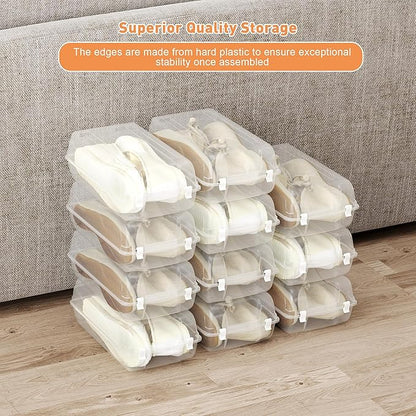 Shoe Organizer for Closet, 4 Pack Plastic Shoe Storage Boxes, Space Saving Stackable Shoe Storage Bins, Sneaker Storage Containers with Clear Lids for Display, White