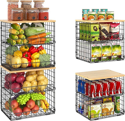4 Pack Stackable Wire Baskets for Pantry Organizers and Storage, Pantry Baskets with Fixed Wooden Top, Fruit and Vegetable Storage Bins for Organizing Onion Potato Snack for Kitchen Cabinet/Countertop