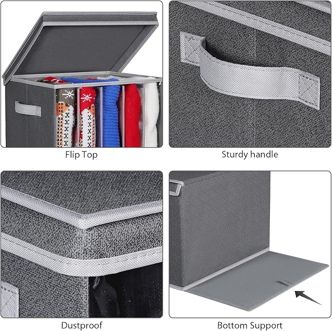 Zilink Upgraded Sweater Organizer for Shelf with Lids and Support Boards Clothes Organizer for Closet with 5 Grids Divider Sweater Storage Bins for Sweaters, Jeans, Pants, Black Pattern, 3 Pack