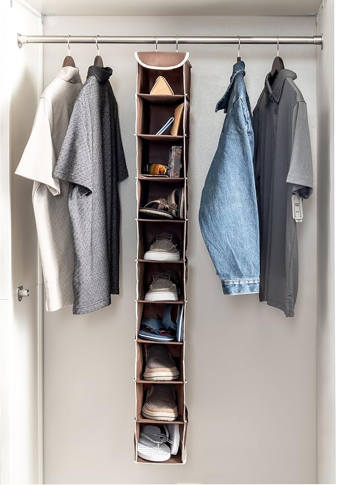 ZOBER Hanging Shoe Organizer for Closet, 10 Shelves - Hanging Shoe Rack W/Side Pockets - Narrow, Space Saving, Durable